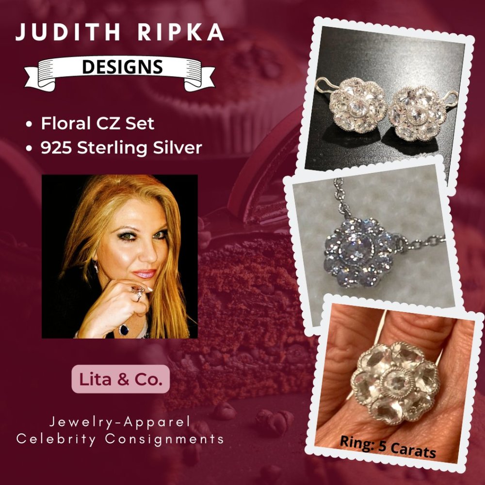 Judith Ripka 925 Sterling Silver Diamonique CZ Flower Earrings & Ring ONLY
